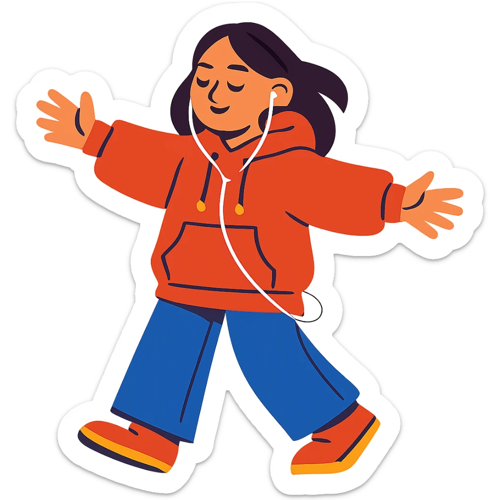 z generation girl, oversized hoodie and jeans, wearing earphones, free feeling sticker