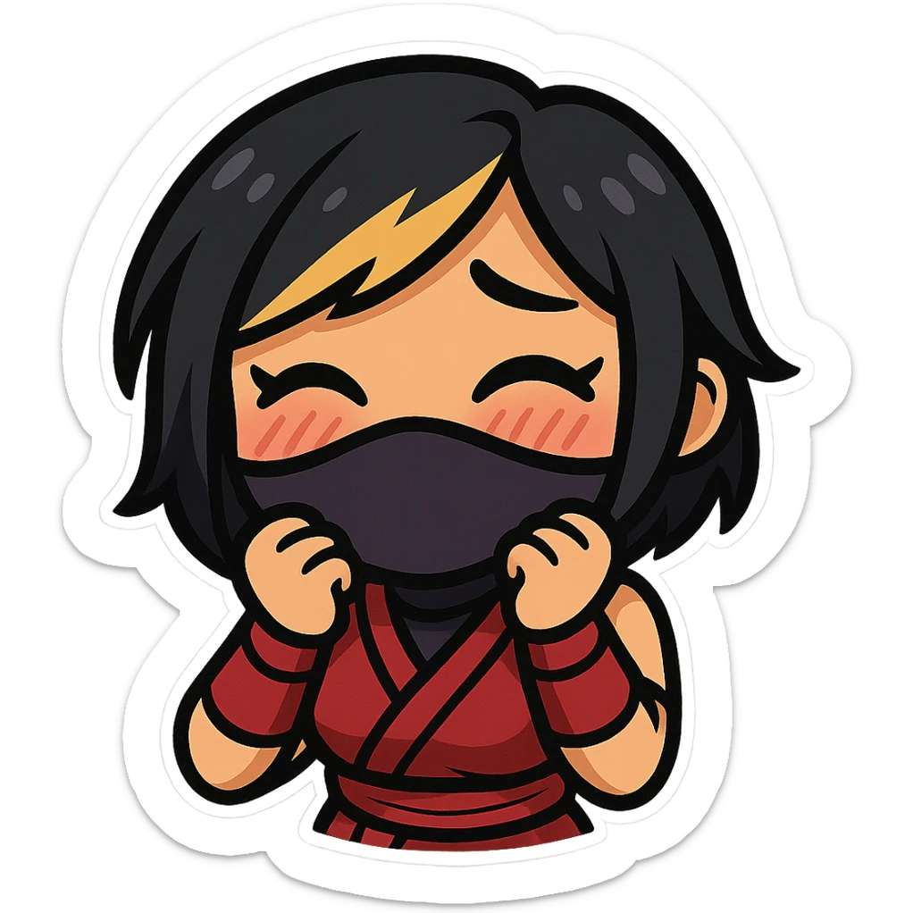 Sexy chibi ninja girl with black short hair and a blonde streak, only head and arms, colorful chibi style with bold outlines, transparent background, no mask, embarrassed face with blushing cheeks and shy smile, sized for Twitch emoji use. sticker