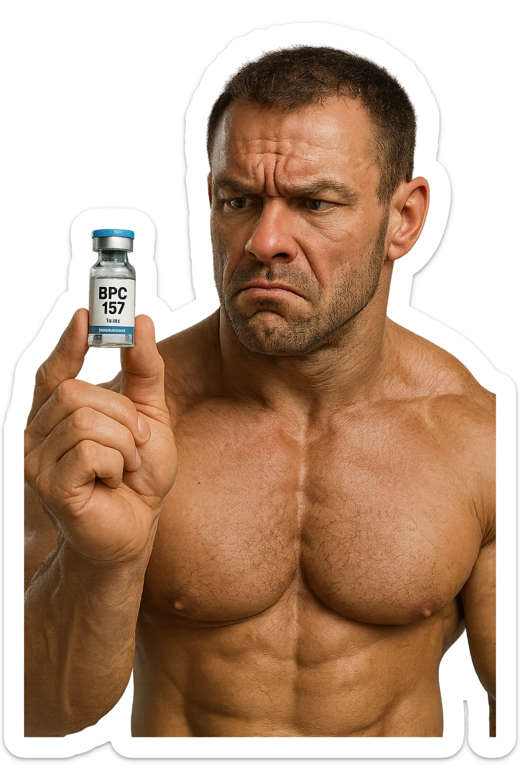 BODYBUILDER CHE TIENE IN MANO UNA FIALA MEDICA CON la scritta "BPC 157" SULL'ETICHETTA E LA GUARDA DUBBIOSO, iperrealistico 4k sticker