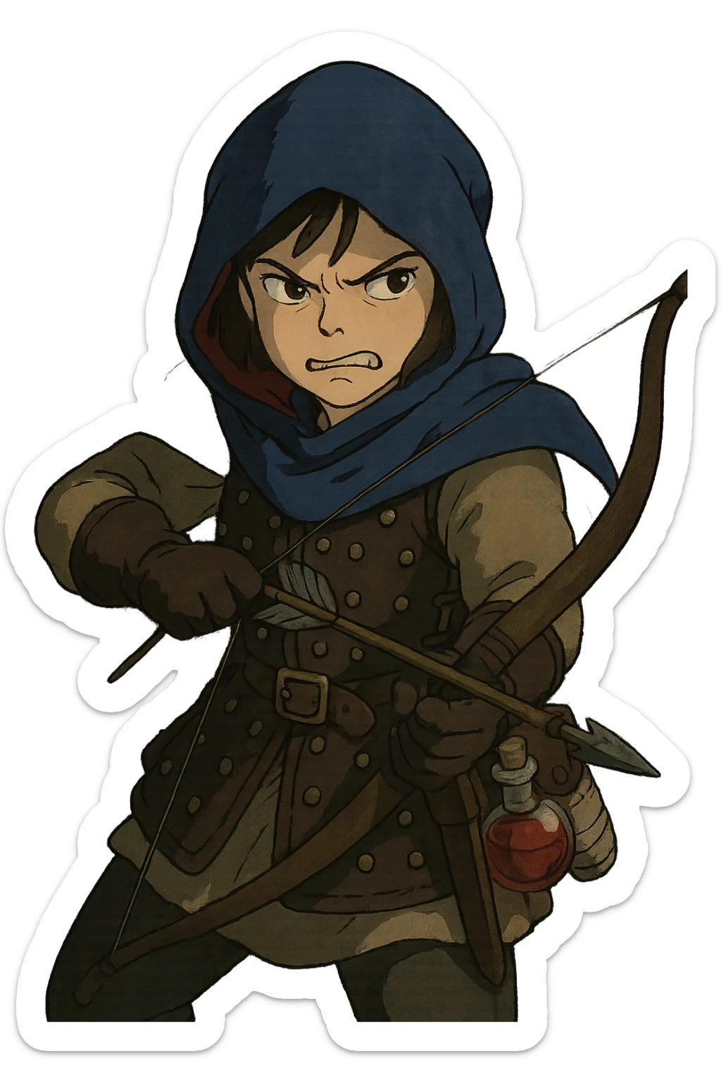 A female rouge , colored hood, wearing brigandine armor with, bow and arrow at the ready, night time shadows, tool belt with red potion and bandages, mischievous frown,  anger sticker