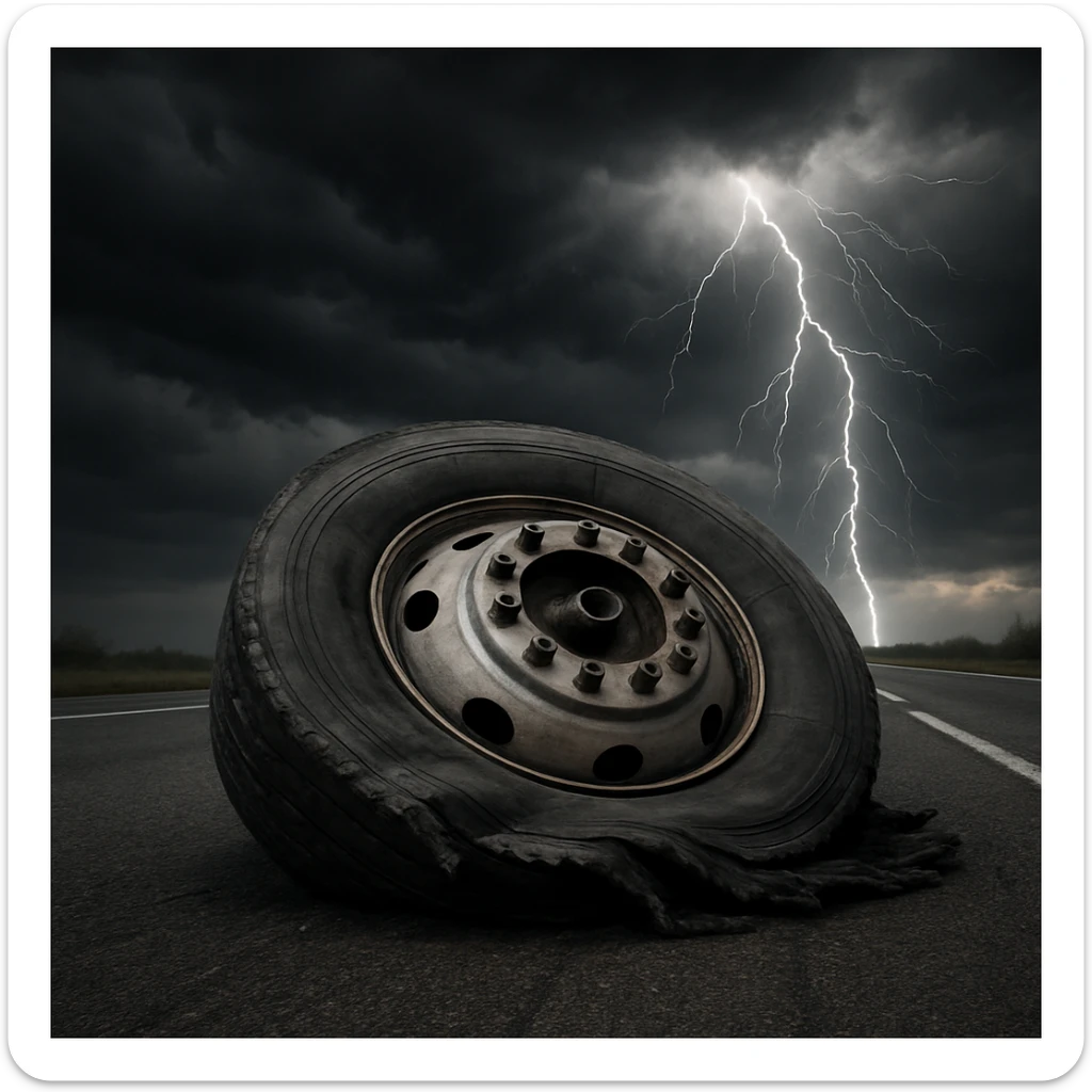 a semi truck tire, flat and damaged, on a highway with a stormy sky and lightning striking, realistic style sticker