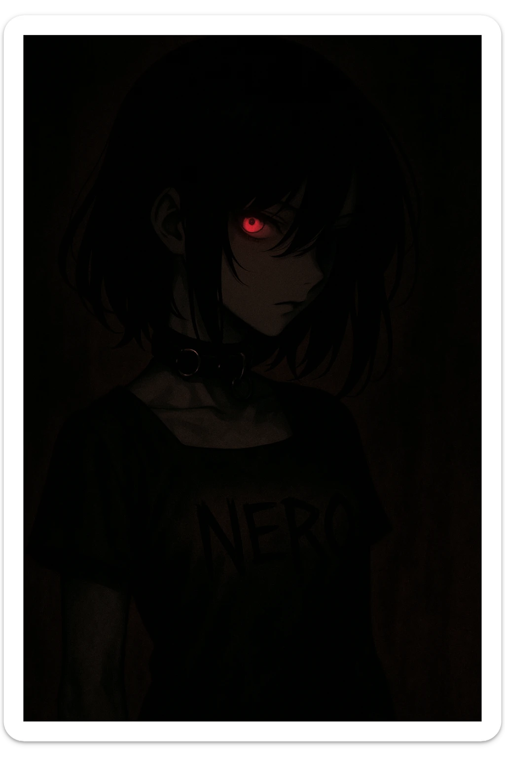 A mysterious anime girl in deep shadows, jet-black hair partially covering her face, turning to her right. Her left eye glows crimson, exuding danger and allure. She wears a dark leather choker with metal rings, and her dress is marked with 'NERO' in sharp black letters. sticker