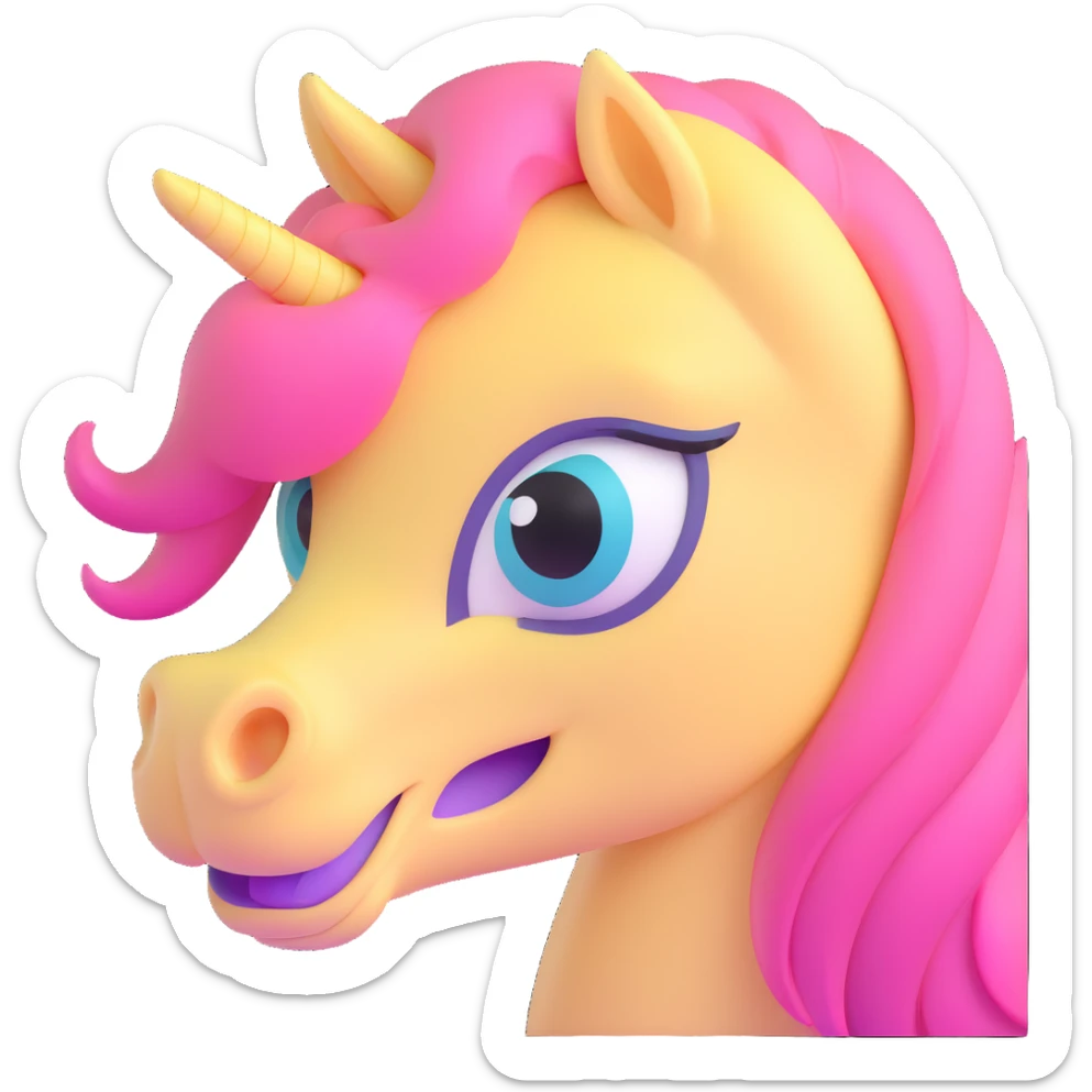 close-up face of pastel yellow pony with pink mane, big teal eyes, shy smile sticker