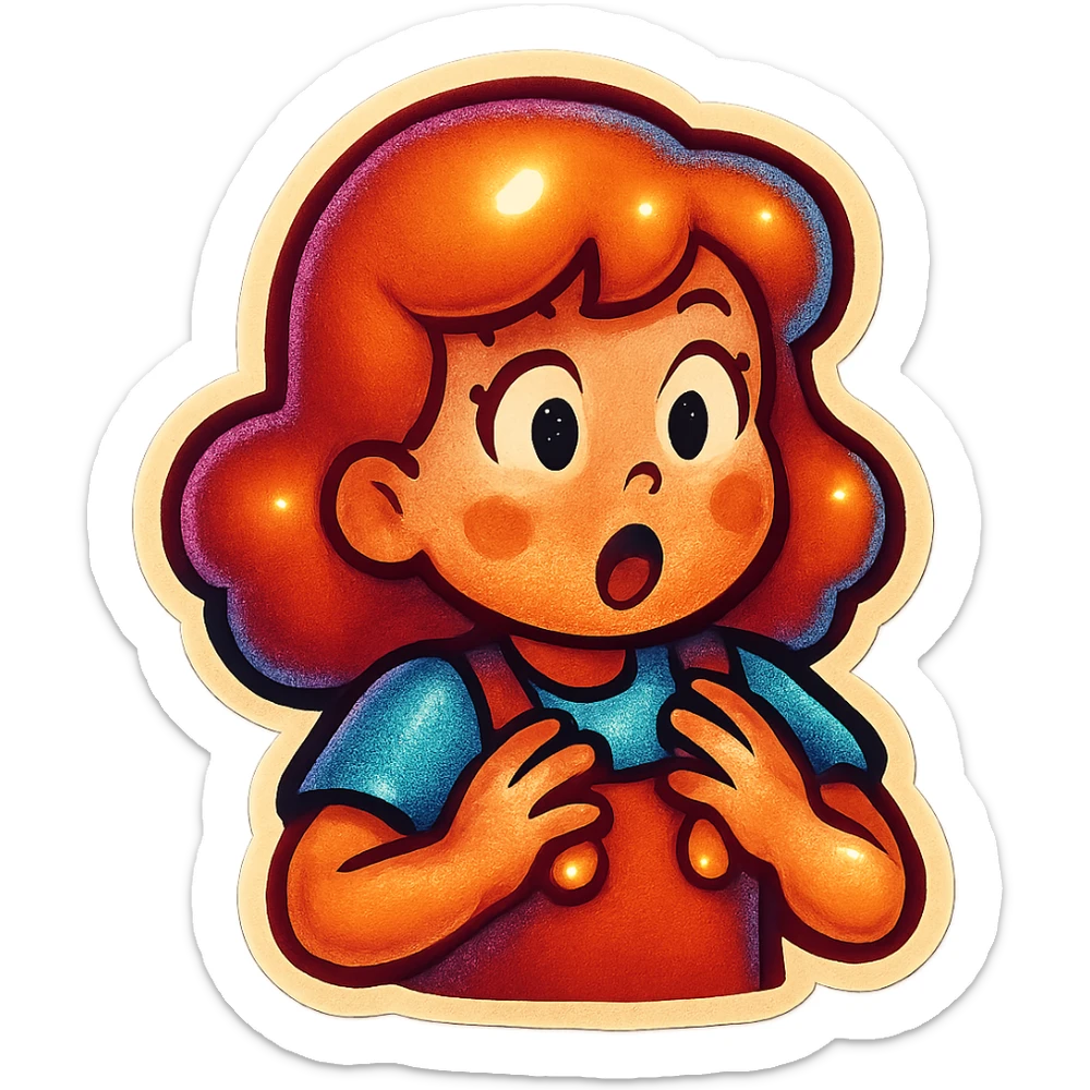 Edit the girl's face to have a surprised, wide-eyed look, maintaining the original cartoon style and quality of the retro stickers style. sticker