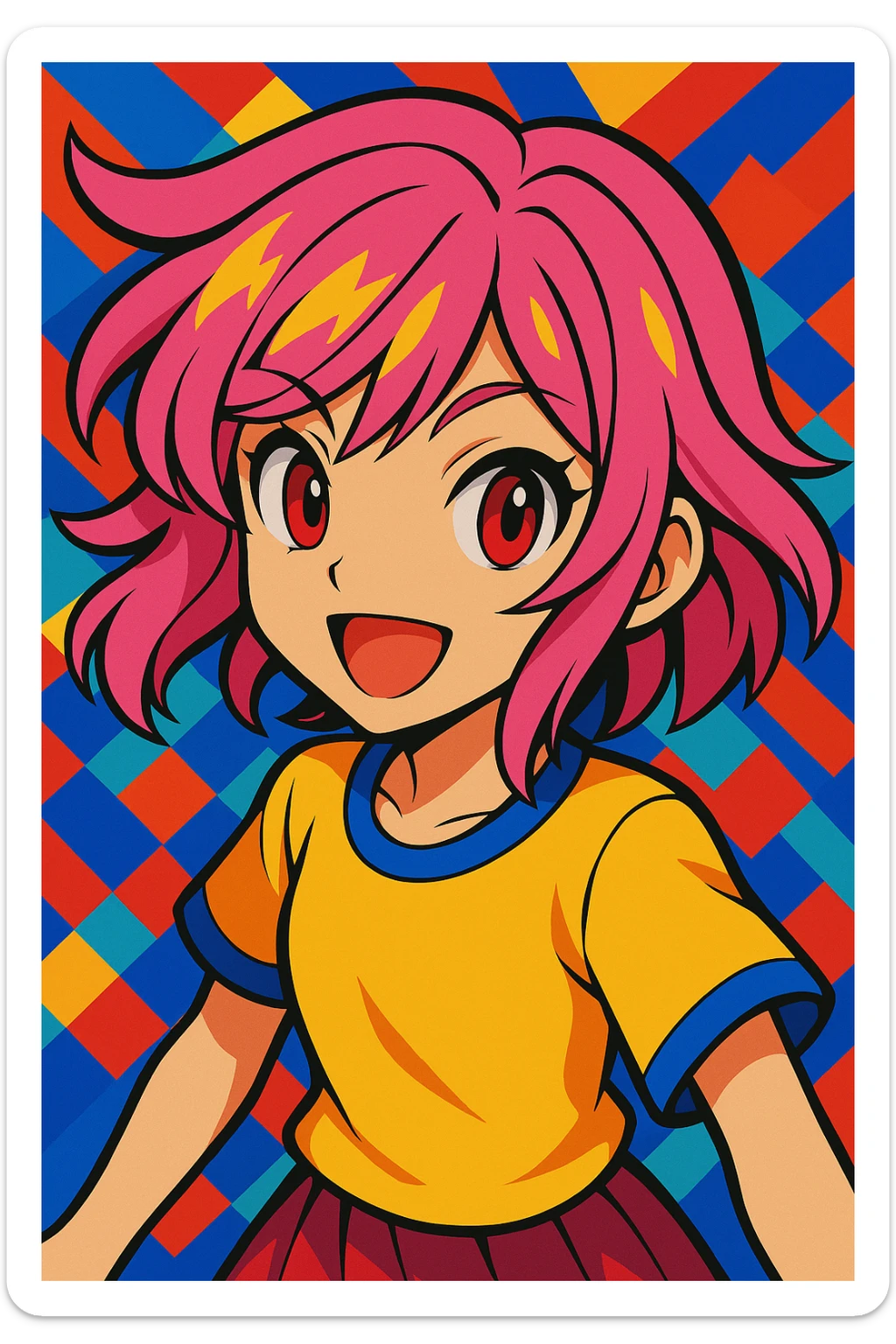 Try a new hairstyle, keep pink hair and red eyes, vibrant anime style. sticker