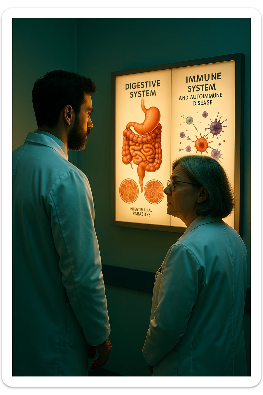 Realistic, detailed photo taken from behind of two doctors—a bearded man and a middle-aged woman—standing side by side in a modern medical office, intently studying a large, illuminated medical chart on the wall. The chart displays a detailed diagram of the human digestive system, highlighting the intestines and showing microscopic images of intestinal parasites. Next to it, another chart illustrates the immune system attacking healthy tissues, visually connecting gut parasites to autoimmune disease mechanisms. The room is bathed in a single green-blue color, with a warm, yellow-orange light casting soft shadows around the doctors. Both wear white coats and have serious, focused expressions, suggesting a deep discussion about the root causes of autoimmune conditions. Shot with a Canon EOS R5, with high detail, natural depth of field, and a clinical yet dramatic atmosphere. sticker