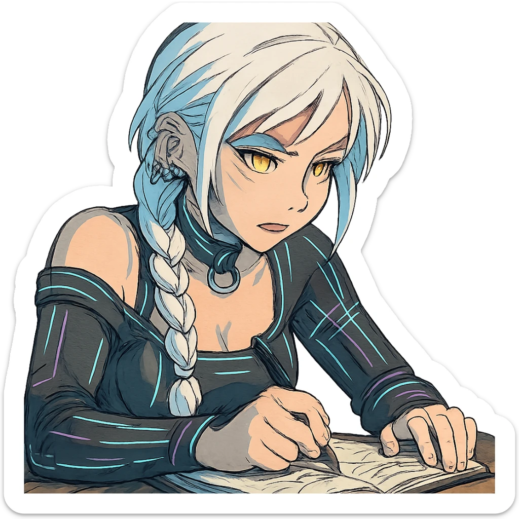  she is scribbling furiously in a notebook, a closeup portrait of young woman with gold yellow eyes, white hair, long braid, black off-shoulder top d-cup, punk gothic style, futuristic cyberwave cyberpunk, sitting position
 sticker