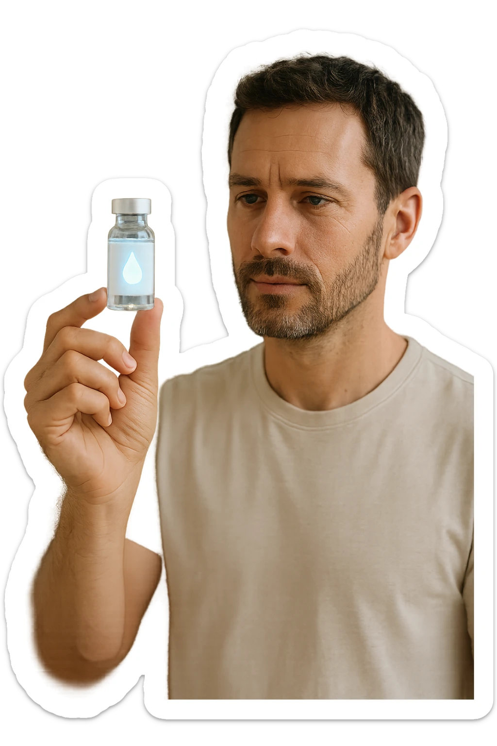 A realistic, high-quality cinematic photo of a health-conscious man in his late 30s holding a small clear glass vial filled with structured, informatized water used in kinesiological treatments. The man is standing in a bright, clean holistic therapy studio with wooden furniture and plants, looking at the vial with a focused, hopeful expression. The vial has a minimalist label with a water droplet symbol, glowing softly to symbolize its informational energy properties. The atmosphere is calm, professional, and filled with natural light, conveying the holistic, gentle yet advanced nature of kinesiological practices sticker