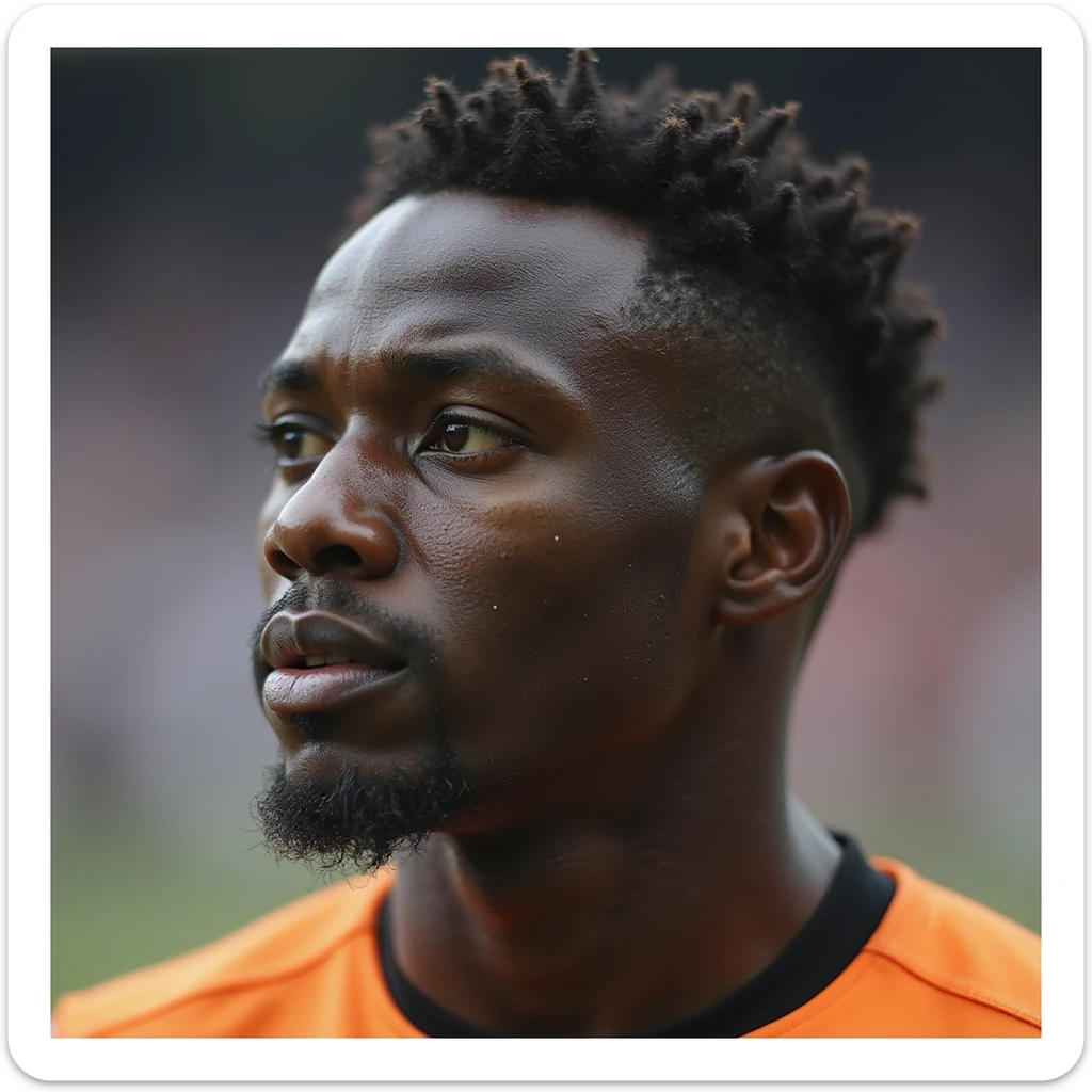 realistic style close-up of face of André Onana, football goalkeeper, focused expression, short hair, dark skin, blurred background sticker