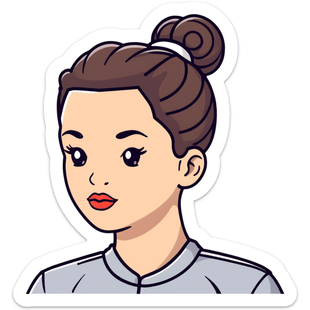 cartoon sticker of a clean girl with dewy skin, glossy lips, hair in a bun, wearing athleisure sticker