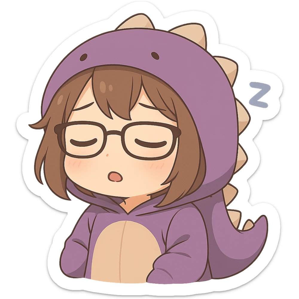 Chibi anime style gamer girl with glasses, brown hair, dark purple eyes, wearing a purple dinosaur costume, making a sleepy emote, no controller, same style as reference, no background. sticker