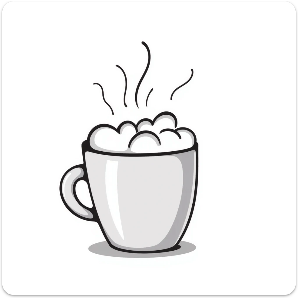 A mug of hot cocoa with marshmallows and steam in pastel colors (dd9fb0, ffc6d3, a3bfc9, c4bee2, f1b091), hand-drawn doodle style sticker