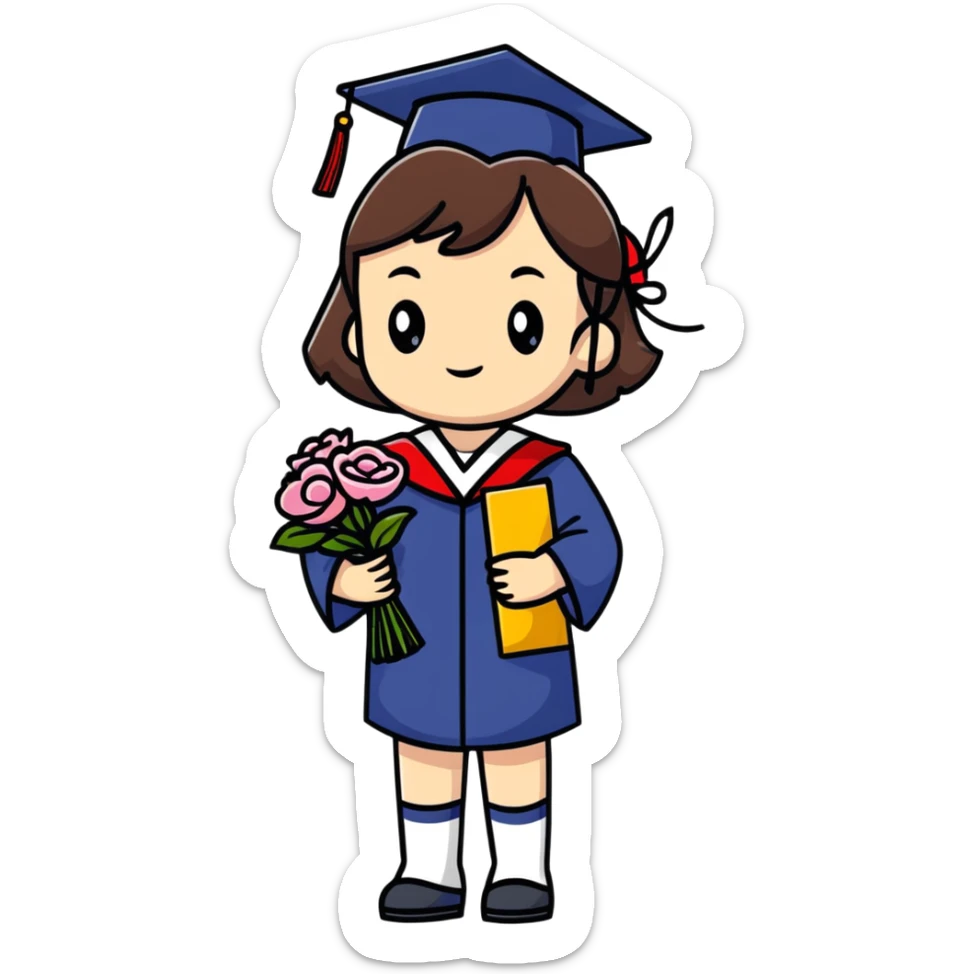 Cute Japanese high school girl in graduation ceremony with bouquet and diploma sticker