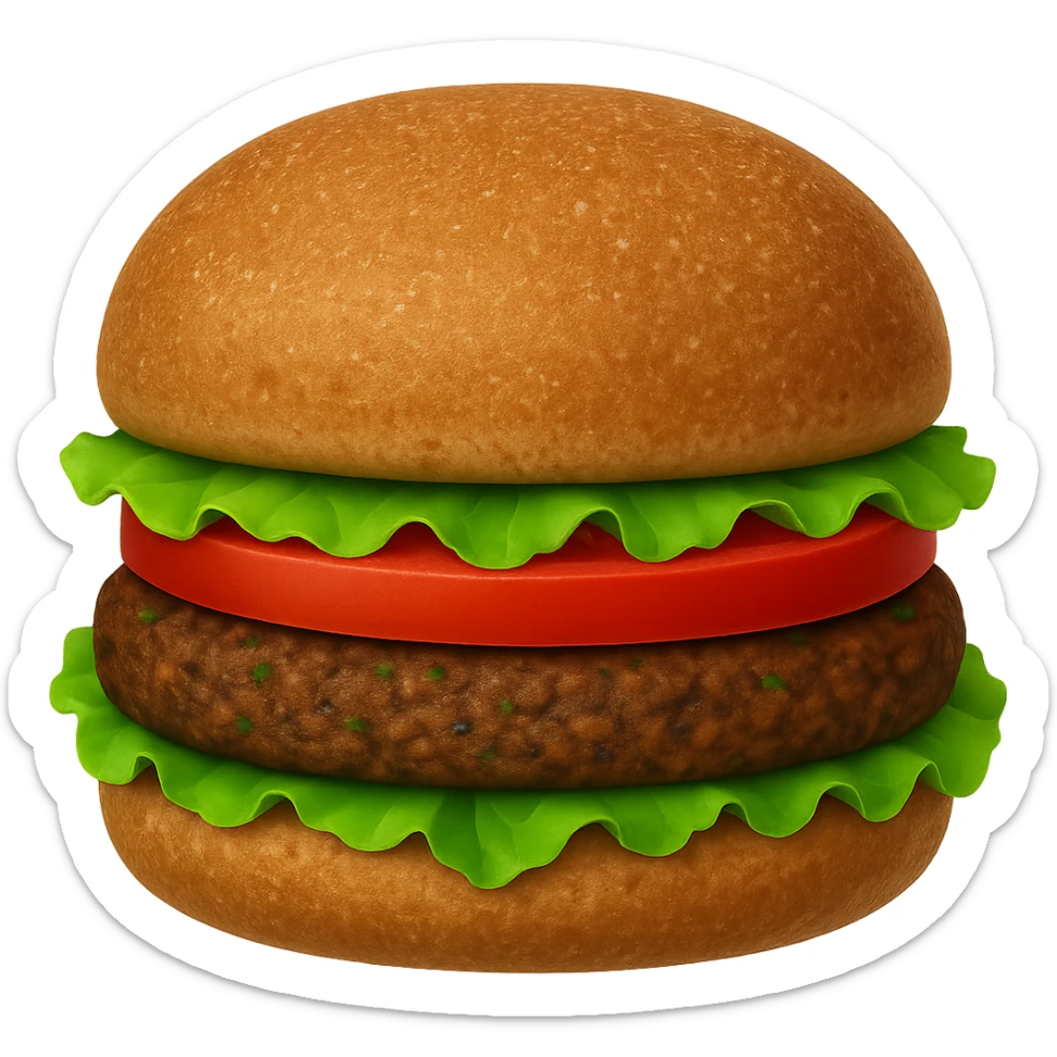 Edit the veggie burger emoji to have green lettuce, tomato, a veggie patty, and a whole wheat bun with no cheese. Remove the background. sticker