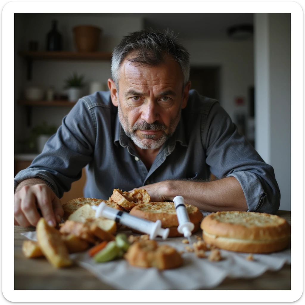 symbolic scene of an adult person with serious expression, surrounded by junk food and an insulin syringe on the table, home environment, Italian text 'Attenzione al diabete di tipo 2', 4K quality sticker