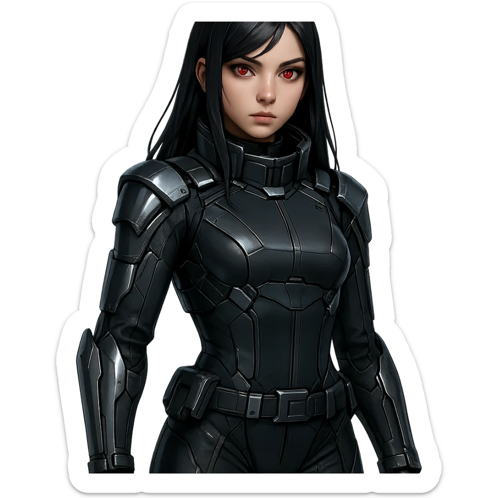 dark-haired, red-eyed girl in a high-tech officer outfit with metallic details, futuristic, sleek, sci-fi style sticker