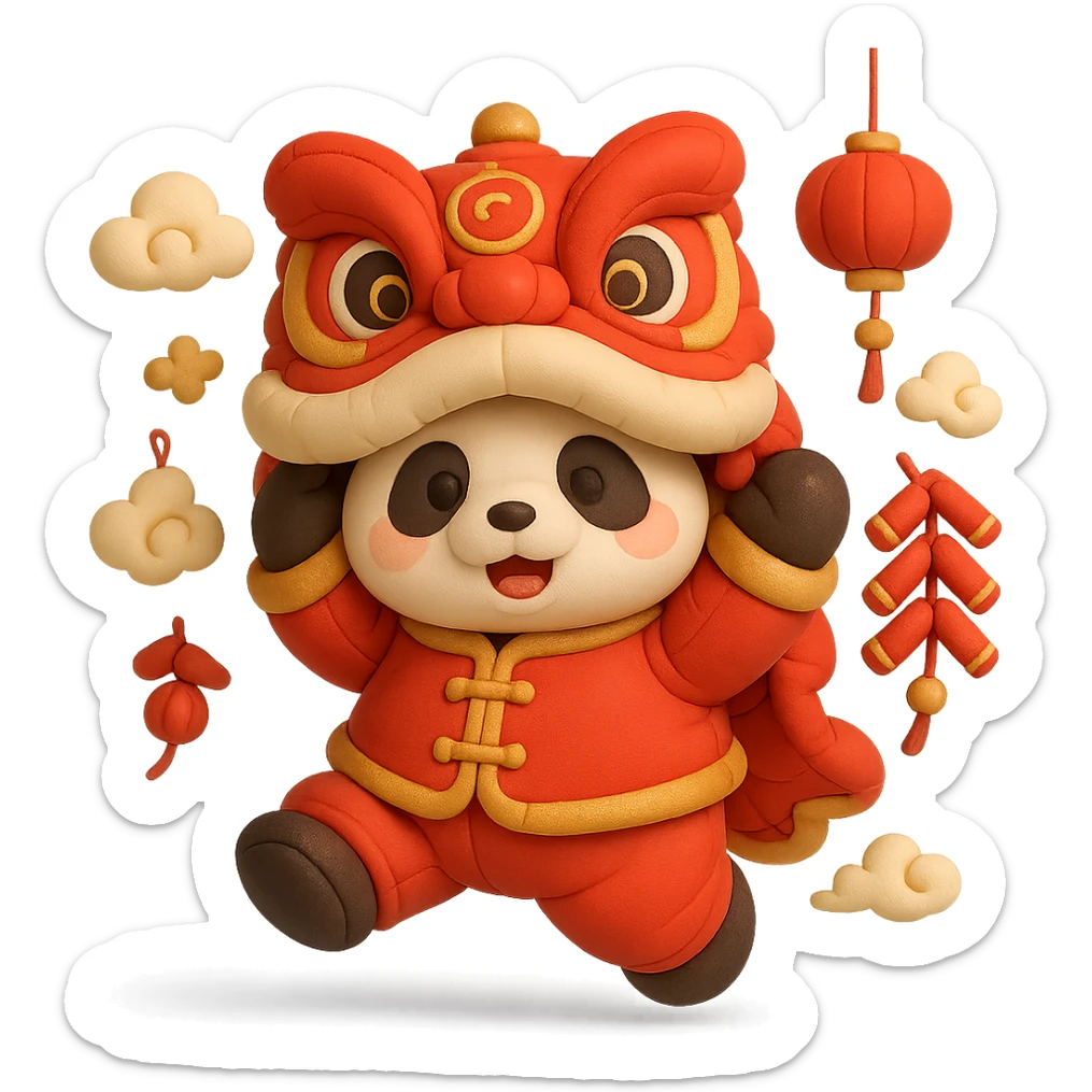 cute panda wearing red and gold Tang suit performing lion dance, head wearing red and gold lion head, both hands holding lion head jumping, background with golden firecrackers, lanterns and auspicious clouds, main color bright red with gold details, rich New Year atmosphere, cushion style sticker