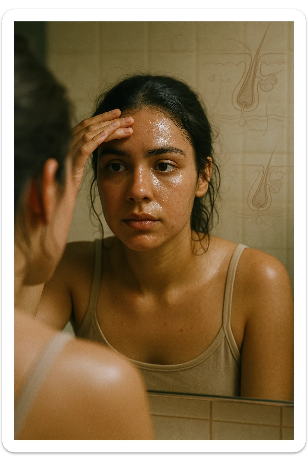 A realistic, cinematic portrait of a young woman in her late 20s with medium skin tone, sitting in front of a mirror in a softly lit bathroom. Her facial skin appears oily with a noticeable shine on her forehead, nose, and cheeks due to overactive sebaceous glands caused by PCOS. Small acne spots are visible along her jawline and chin, highlighting hormonal imbalance. She gently touches her forehead with her fingertips, checking the oiliness with a slightly concerned expression. Her dark hair is tied loosely, showing a few strands sticking to the sides of her face because of excess sebum. Subtle overlays of scientific diagrams of sebaceous glands can be softly blended into the background, symbolizing the overproduction of sebum. The atmosphere is clean and realistic, with warm daylight tones and a soft depth of field, ensuring emotional connection while maintaining medical educational value. 35mm film style, highly detailed skin texture and reflections on the oily areas for a hyperrealistic effect in italiano sticker