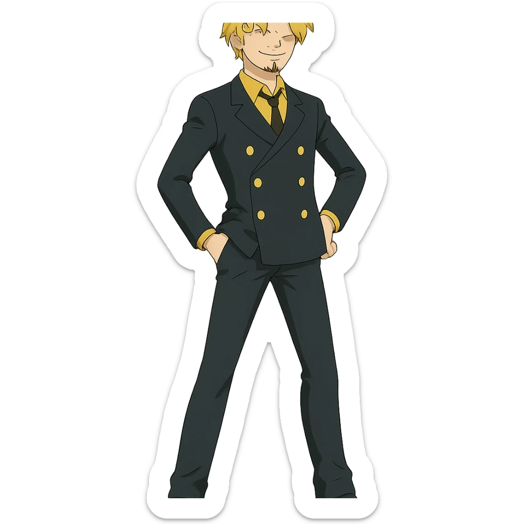 full body Sanji from One Piece, anime style, iconic curly eyebrow, blond hair, wearing black suit, confident pose sticker