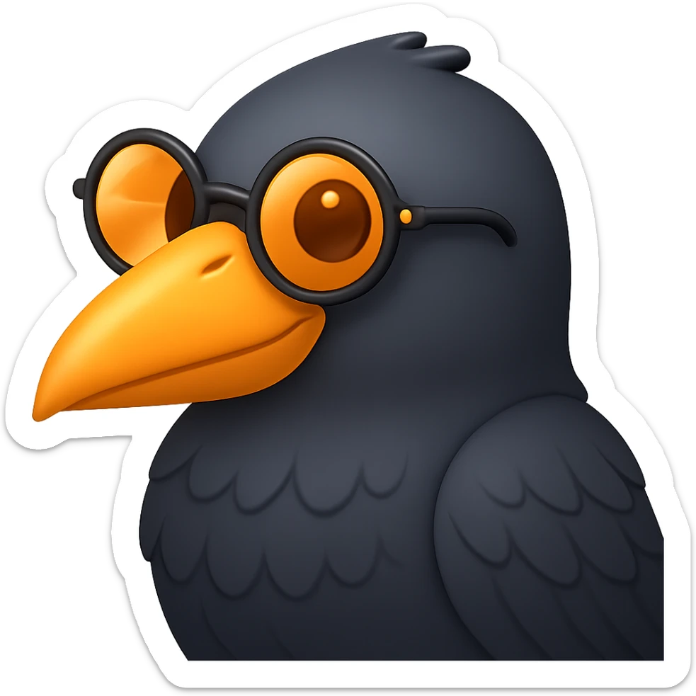 Make the bird emoji more emoji-like, keeping the detailed, slightly cartoonish style and subtle emoji shine. Define the feathers just a bit more than before, but keep it clean and not too realistic. Keep the orange beak and round sunglasses. Bird looking to the left. No background. sticker