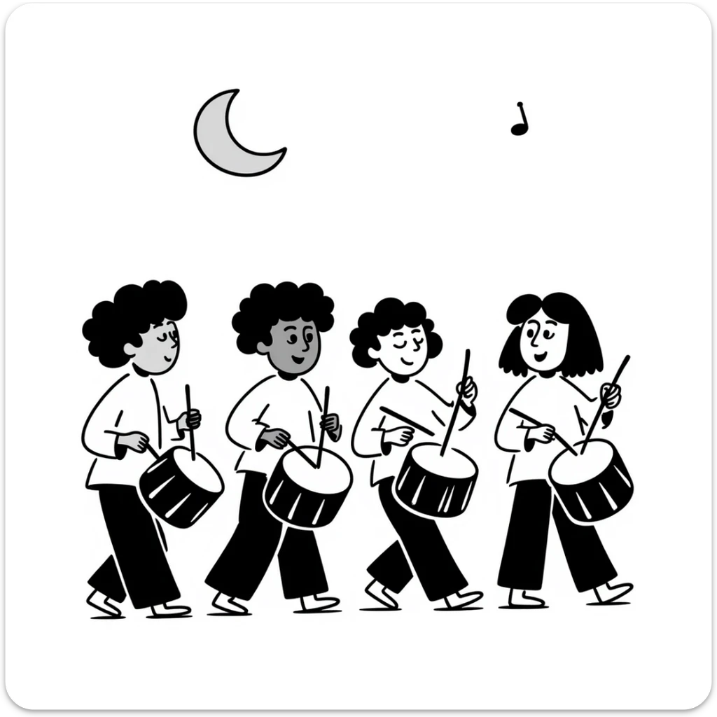 group waking up the neighborhood for sahur with drums, crescent moon in background sticker