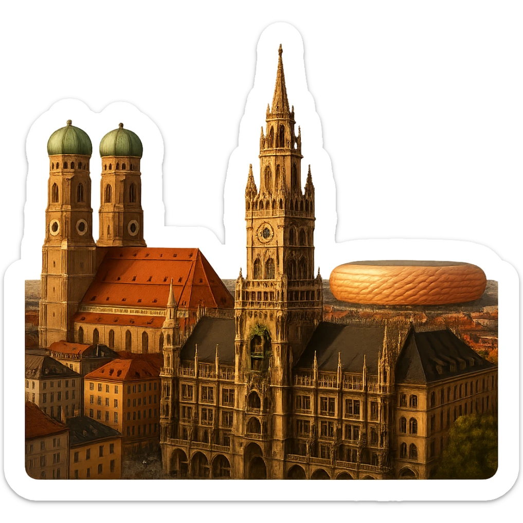 cinematic realistic emoji of Munich skyline featuring iconic landmarks Frauenkirche, Marienplatz, Allianz Arena, lifelike detail, accurate colors, bright lighting, wide city view, no sky, fully transparent background sticker