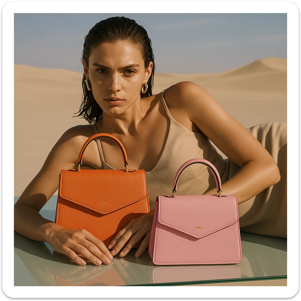 A stylish woman lying on her side on a glass surface in a minimalist desert, gazing intensely at the camera. She holds two designer bags—one orange, one pink—wears a beige minimalist top, earrings, and has sleek wet hair. Dramatic sunlight, high fashion editorial vibe, soft pastel colors. sticker