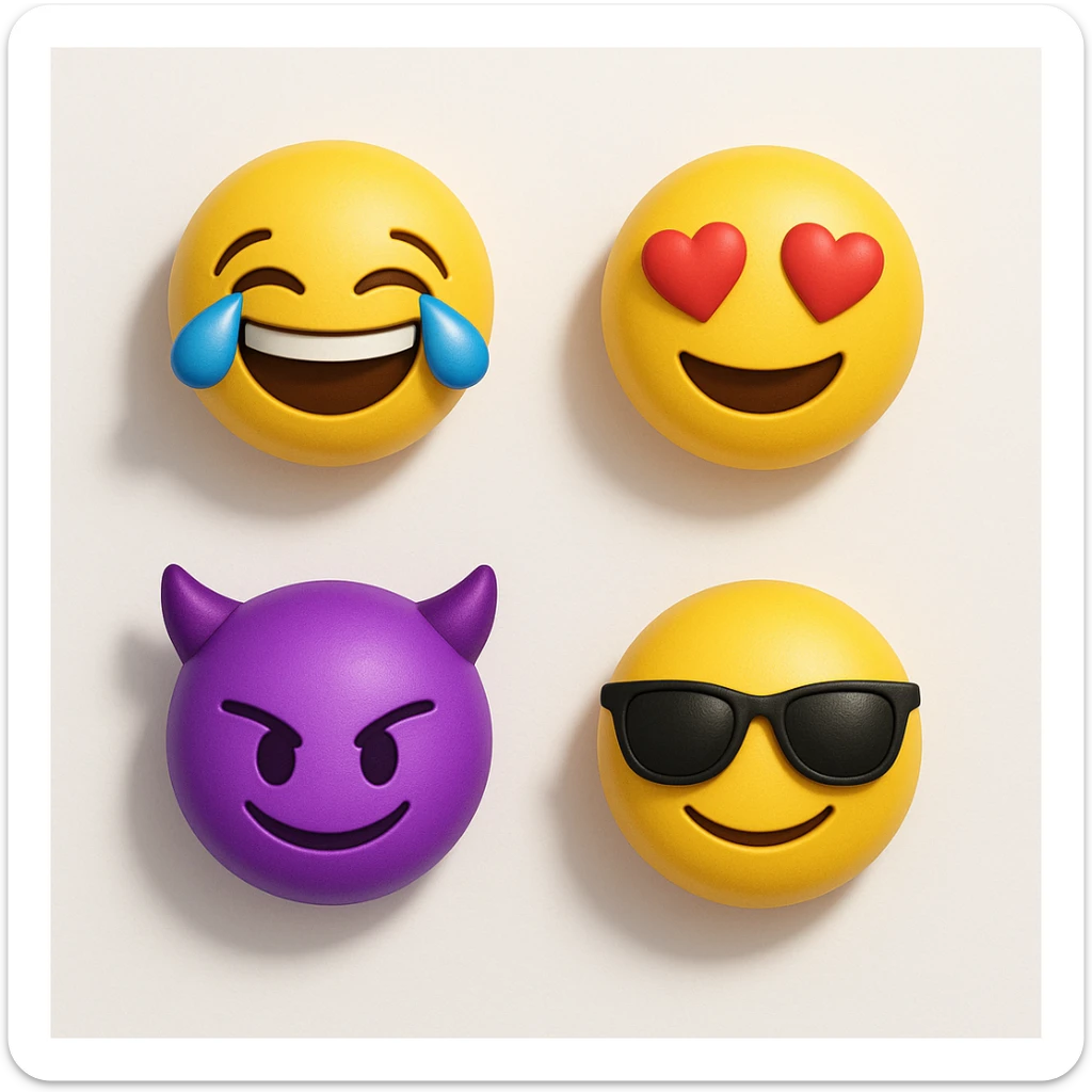 make four emojis on white background with good amount of shadow, four emojis of smiley's only. one laughing, second heart eyes, third purple devil and four black glasses emojis  sticker