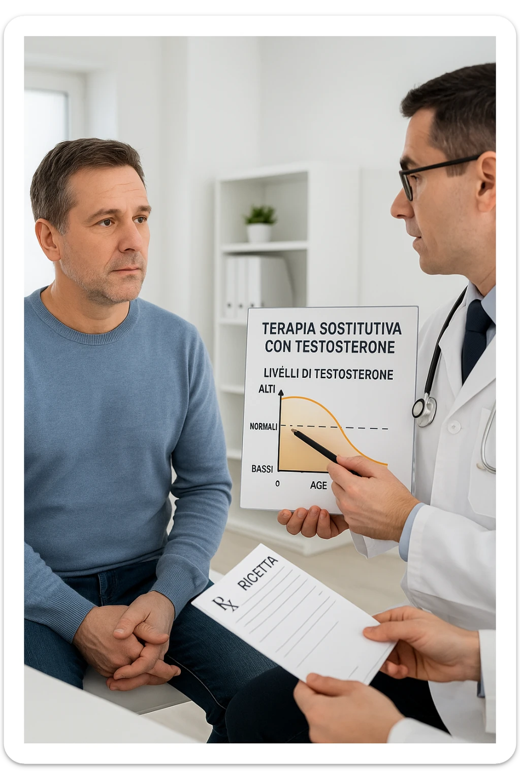 a man in his 40s sits in a doctor’s office, listening attentively as a physician explains TRT (Testosterone Replacement Therapy). The doctor holds a prescription pad and points to an educational chart showing testosterone levels. The mood is professional and informative, with a clean, clinical background. scritte in italiano sticker