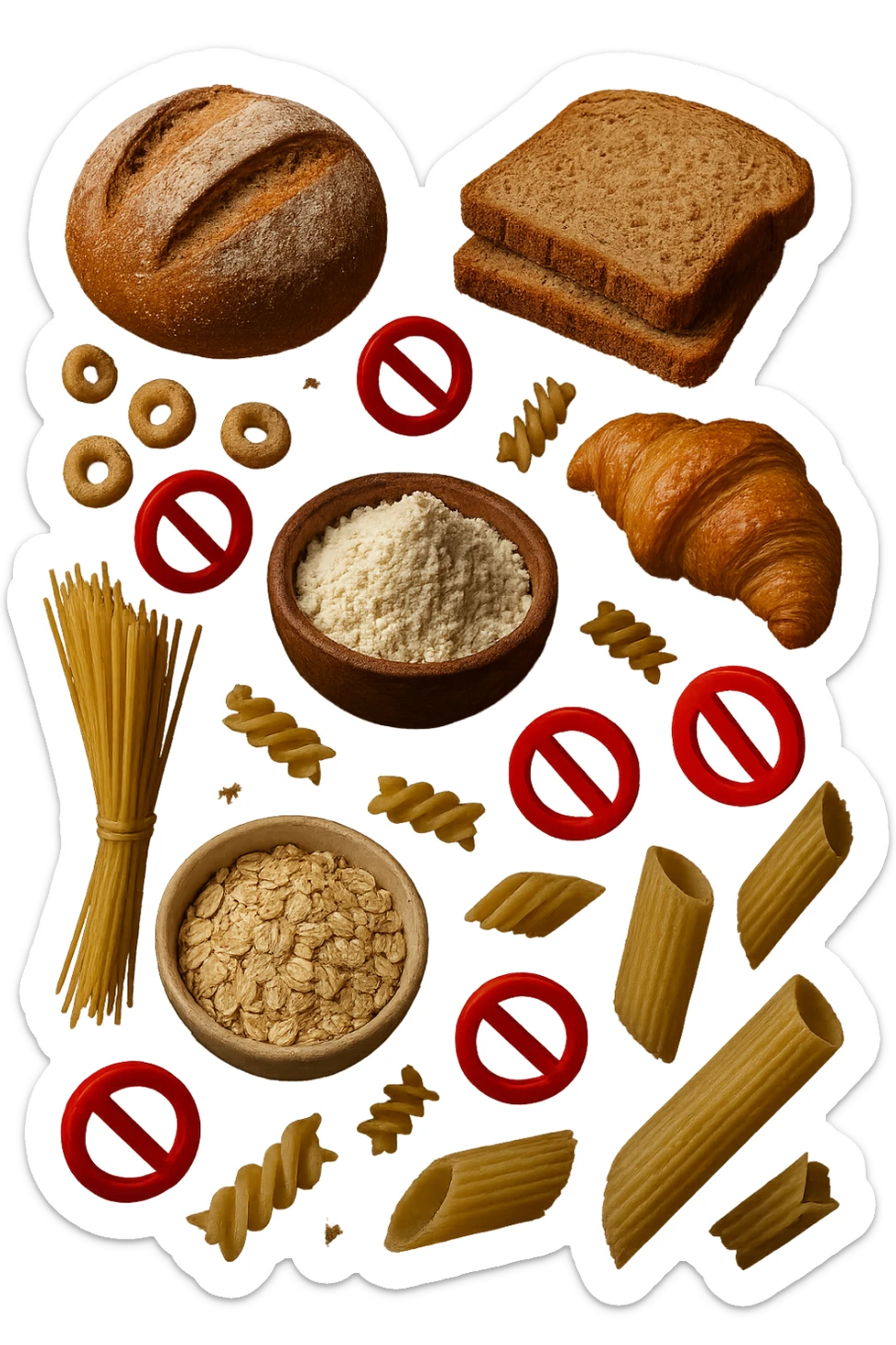 cereali, pane, pasta e farine realistici fluttuano in aria con piccoli divieti 3d, IPERREALISTICO 4K sticker