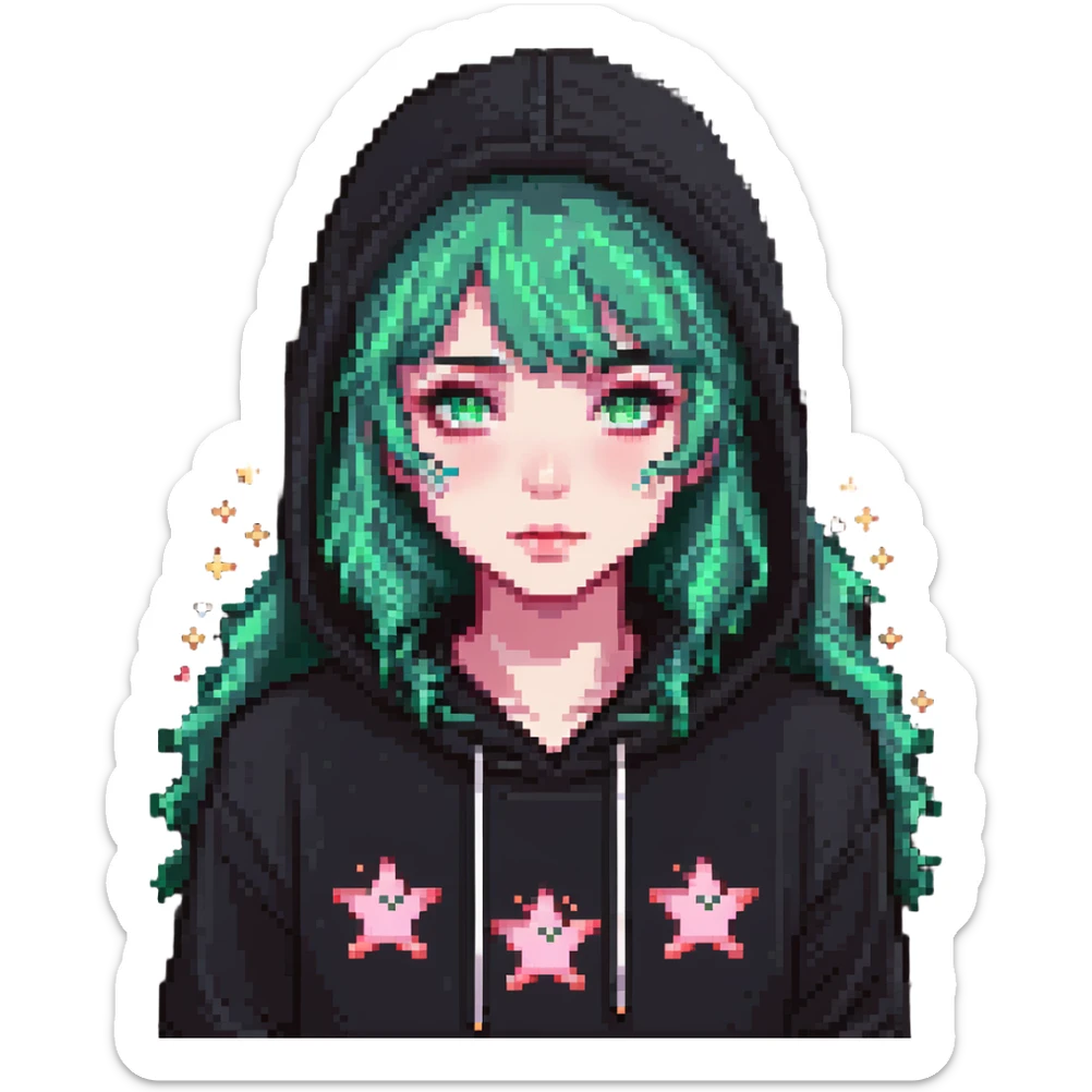 A cute girl with white skin, dark wavy hair just below her shoulders, green eyes, fair skin, a soft pink blush, and burning stars in her eyes. She has a thin neck and is wearing a black hoodie. The girl has long bangs styled on both sides of her face. sticker