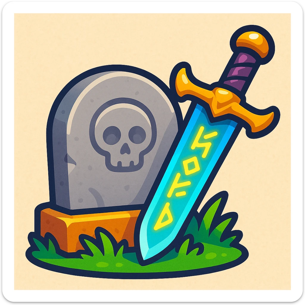 Black Desert Online emoji of a gravestone with a fantasy weapon leaning against it, referencing in-game death, in a playful style sticker