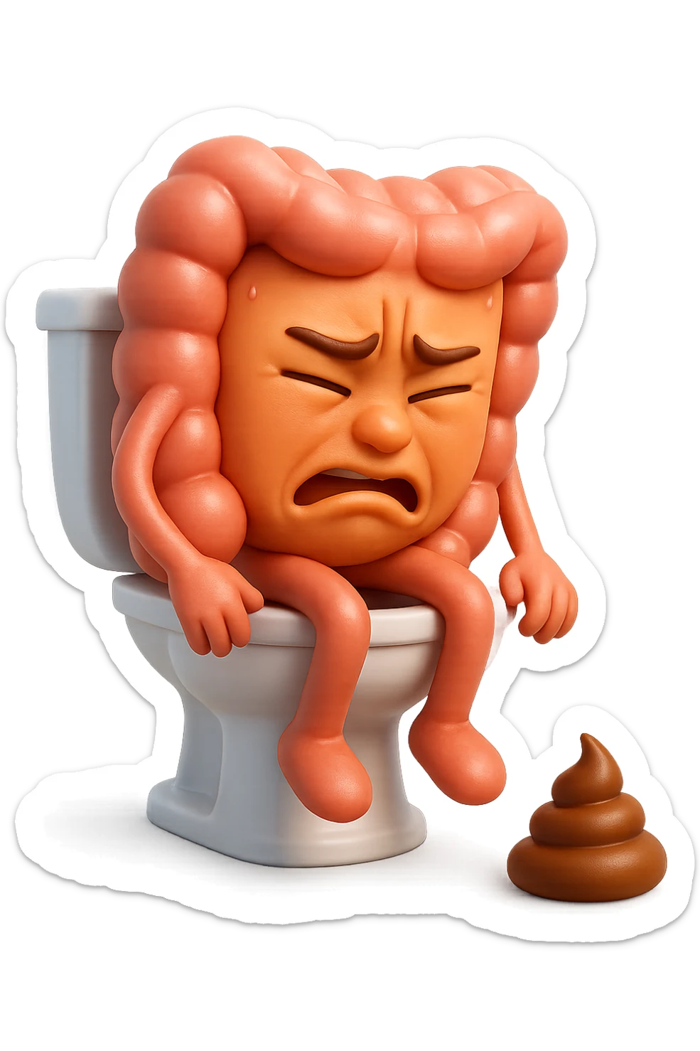 SU QUESTO STILE FAI UN EMOJI STILE IPHONE 3D DI UN INTESTINO CHE sta seduto sul wc e davanti ha una montagnetta di feci a palline stile emoji iphone, FAGLI UN ESPRESSIONE di dolore mentre si sforza E FALLO MOLTO REALISTICO IN 3D sticker