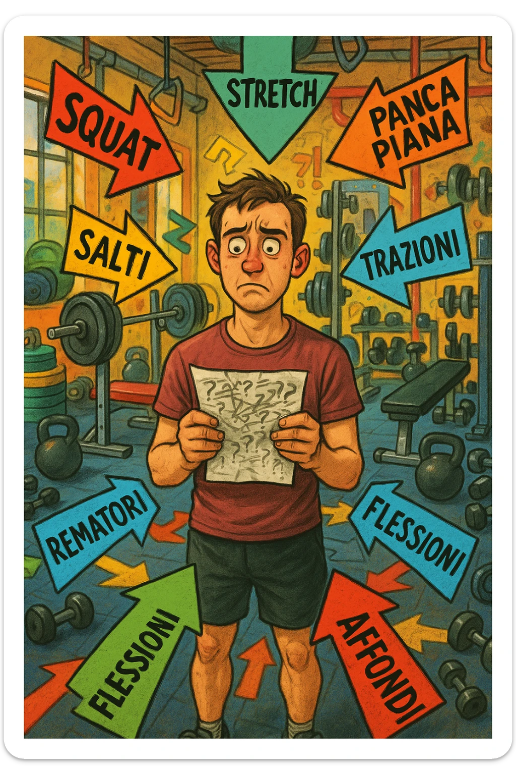 a person stands in the center of a gym, surrounded by arrows pointing in all directions, each labeled with a different exercise (e.g., “squat,” “Salti,” “stretch,” “Panca Piana”). The person looks bewildered, holding a workout plan with scribbles and question marks. The scene is colorful but visually messy, symbolizing confusion. in italiano immagine iperrealistica sticker
