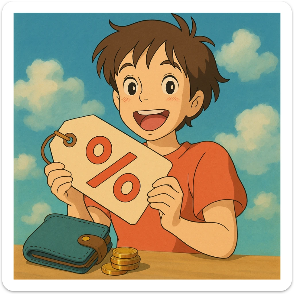 happy anime character holding a price tag with discount symbols, coins and wallet nearby, cheerful colors, Studio Ghibli style sticker