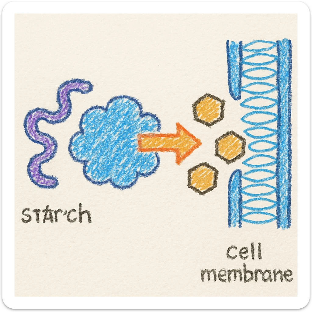 Ultra-detailed illustration of enzyme digestion: amylase breaking starch into sugars near a cell membrane. Clean white background, no text. Scientific but simple sticker