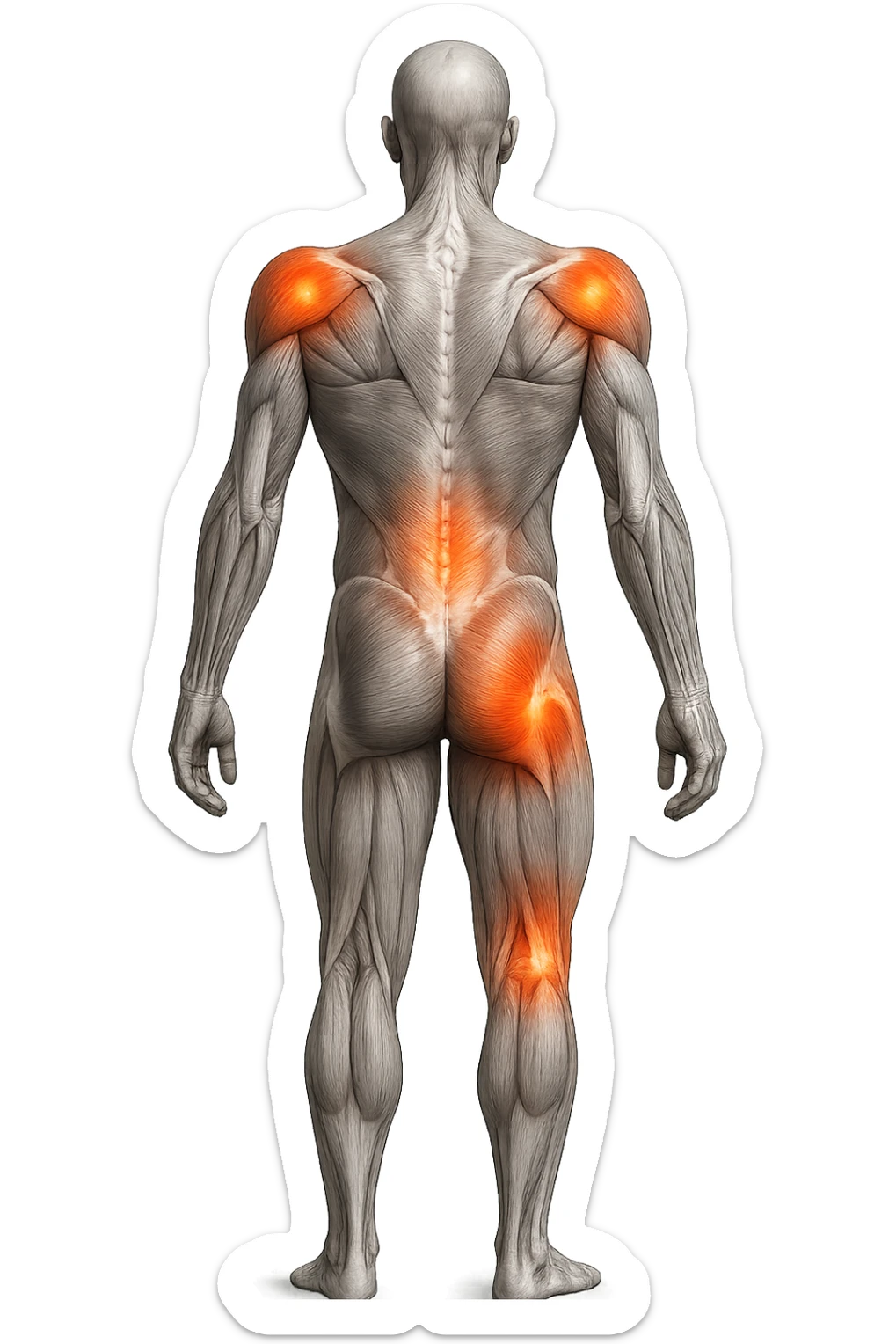 CORPO UMANO ANATOMICO A FIGURA INTERA REALISTICO DI SPALLE CON DOLORE ALLA LOMBARE INFIAMMATA, DOLORE ALL'ANCA, IPERREALISTICO 4K sticker