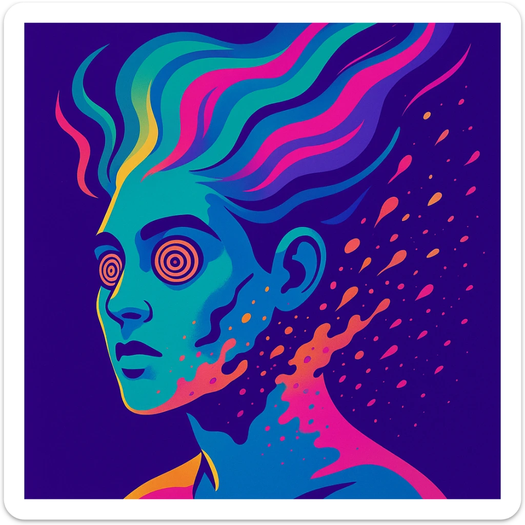 surreal portrait of a person with neon skin, face dissolving in an explosion of colors, airbrush effect, hair as swirling liquid color streams like northern lights, hypnotic spiral eyes, geometric elements along face contour, paint particles flying away, acid purple, turquoise, and electric pink blending, sense of movement sticker