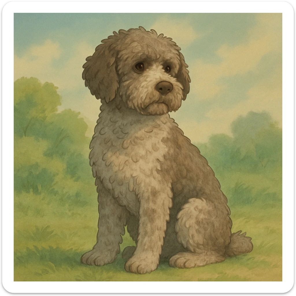 illustration of a roan Lagotto Romagnolo dog, sitting, soft background, ghibli style sticker