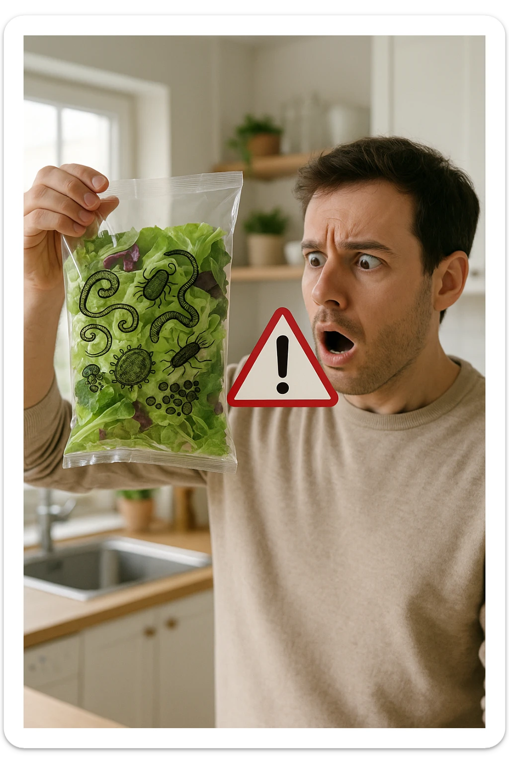 a man with a shocked expression holds a bag of salad greens up to the light. Through the clear plastic, enlarged and detailed images of various parasites and bacteria are visible among the leaves. A red warning triangle with an exclamation mark floats near the bag, emphasizing the health risk. The setting is a bright, everyday kitchen. sticker