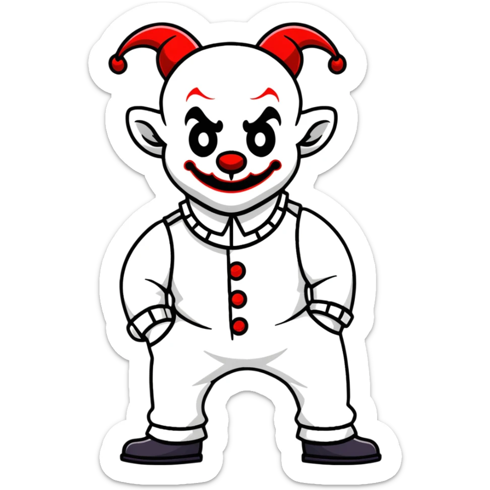 full-body demonic clown in a white leisure suit with bellbottom pants, bald, with black ram horns sticker