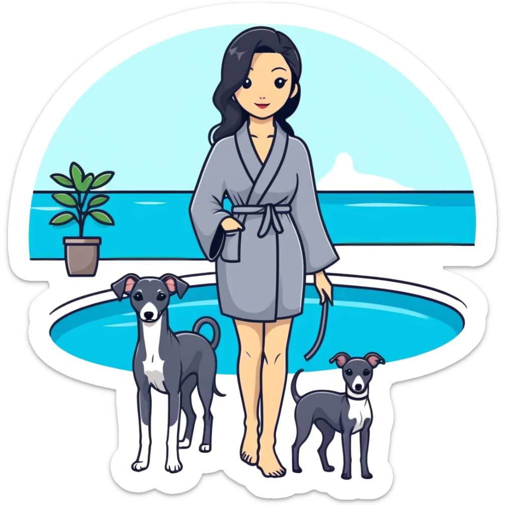 Very thin and slim Chinese woman with long black hair in elegant pool attire at a luxury spa pool with fancy amenities and her Italian greyhound that is COMPLETELY solid dark grey with ABSOLUTELY ZERO white markings anywhere - 100% uniform dark grey color only sticker