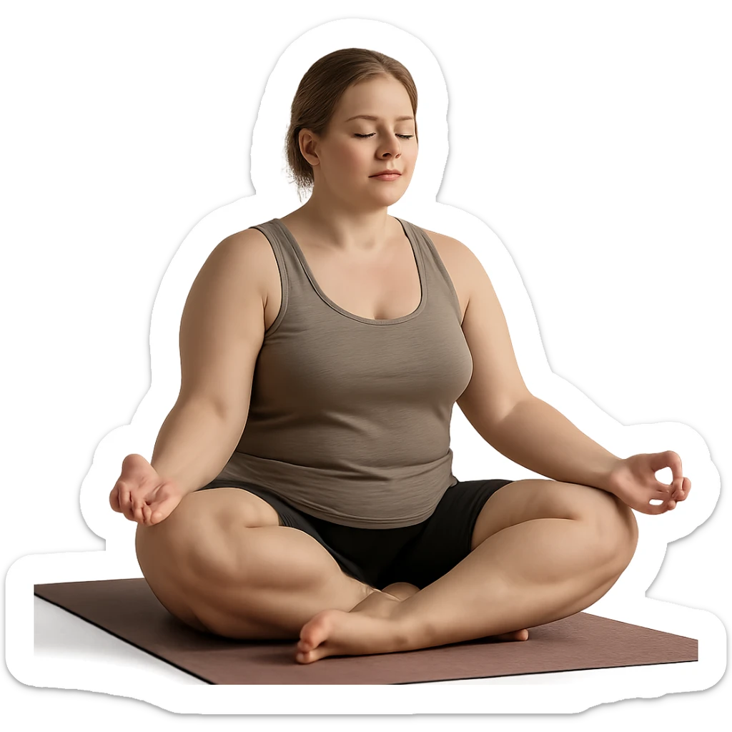 hyper realistic 4K woman doing yoga, fat on thighs and legs, normal physique, relaxing atmosphere, realistic details sticker