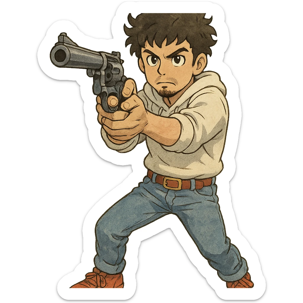 1 male, mid fade haircut dark chestnut brown curly hair, toasted lightskin, white hoodie sleeves up, fashion jeans, red fashion-sneakers shoes, red belt, short trimmed beard and goatee,  style of deku from "my hero academia", drawing a magnum revolver like dirty harry sticker