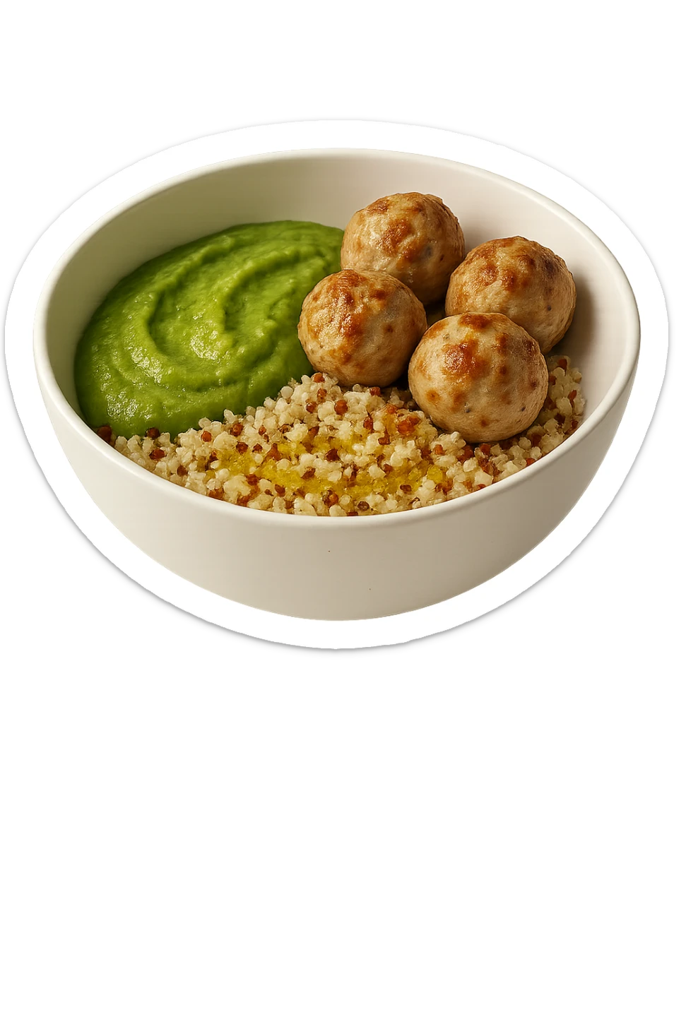 bowl bianca fluttua in aria con polpette di tacchino, purè di zucchine, quinoa e olio di oliva, iperrealistico 4k sticker