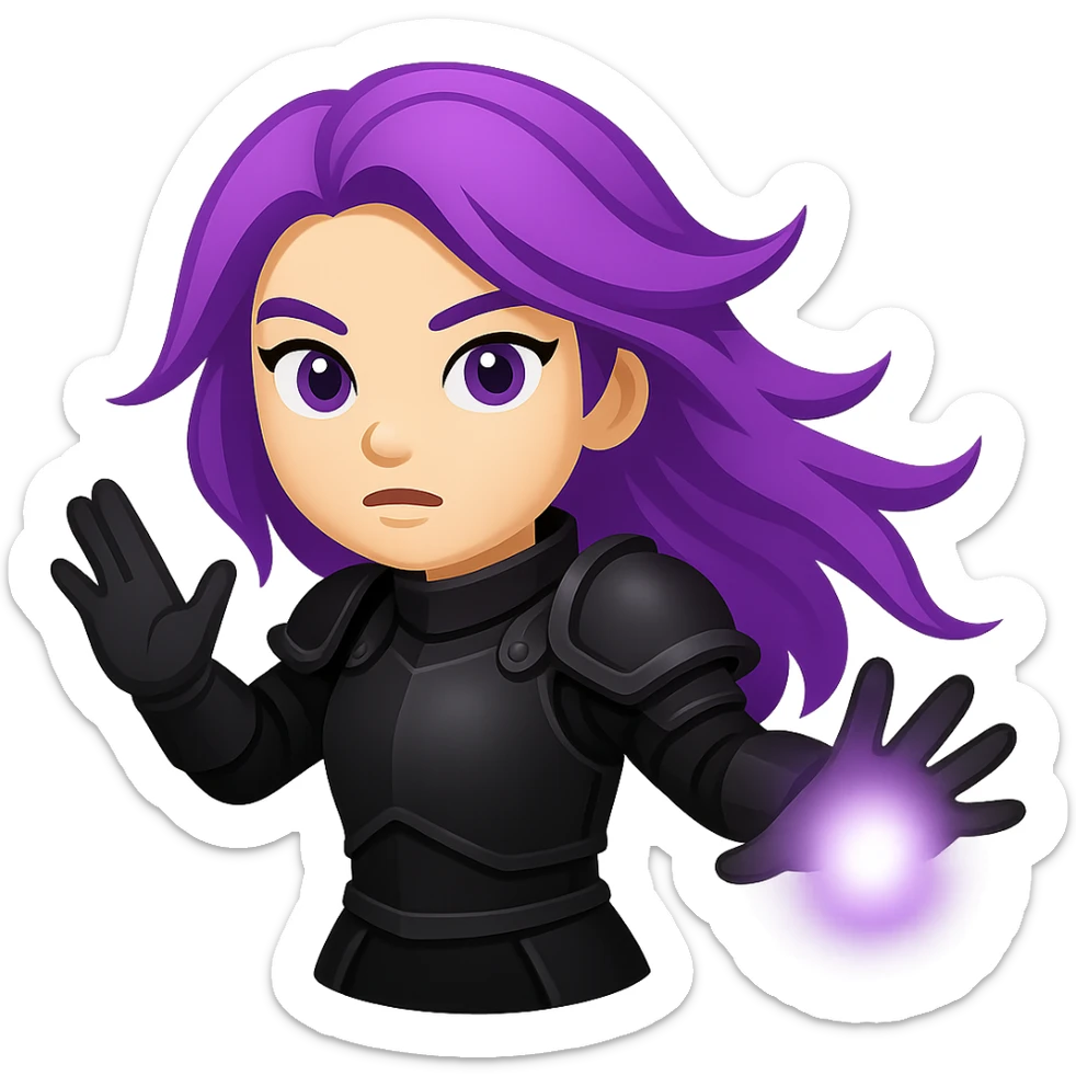 Create an emoji style image of a mysterious warrior girl with flowing purple hair and black armor with arms outstretched as if casting a spell. Keep the style and colors consistent with the reference image. No background. sticker