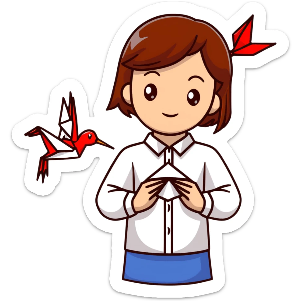 Ukrainian young girl with brown hair wearing an embroidered shirt holds an origami red crane sticker