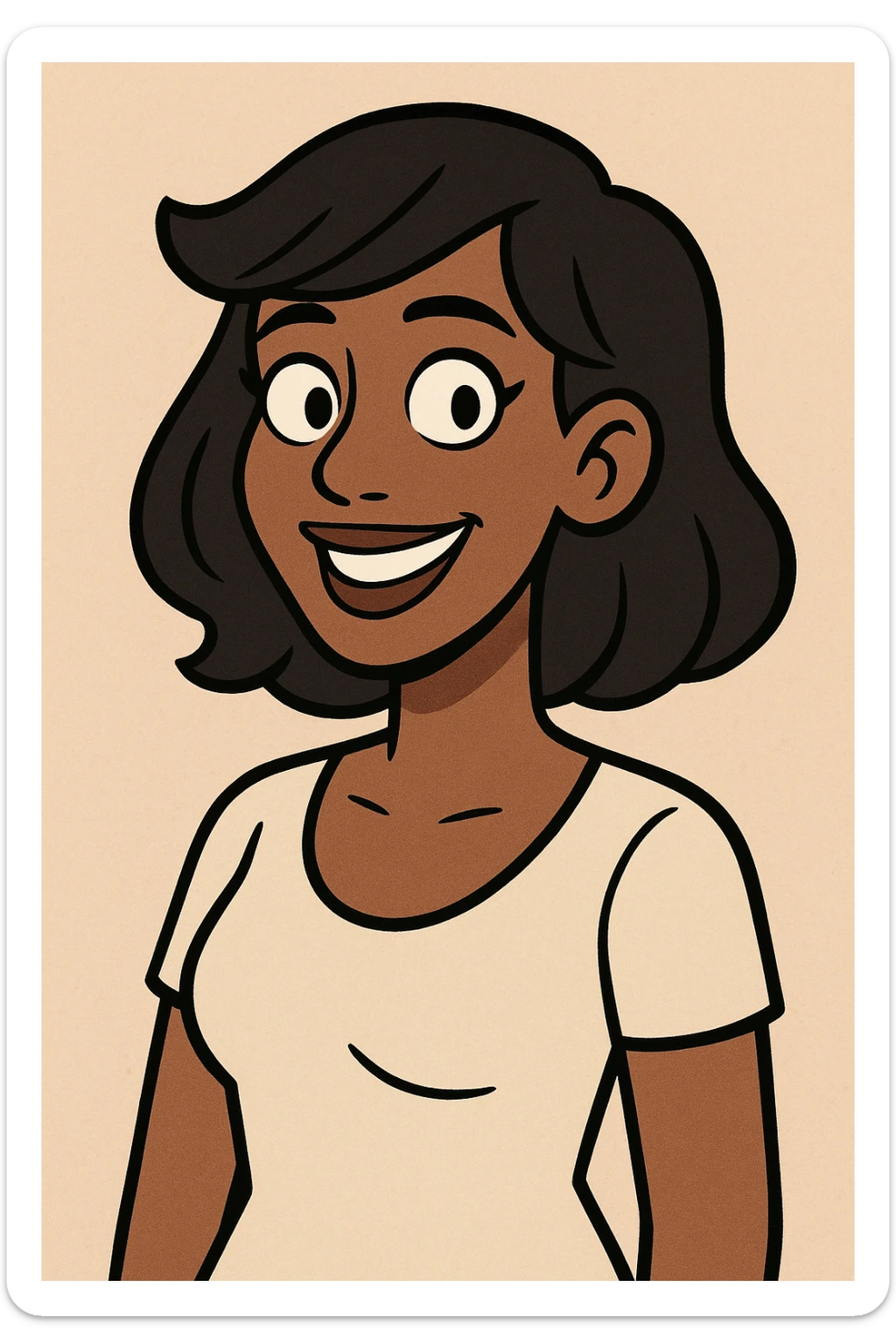 woman with brown skin, black hair, smiling, modern cartoon style sticker