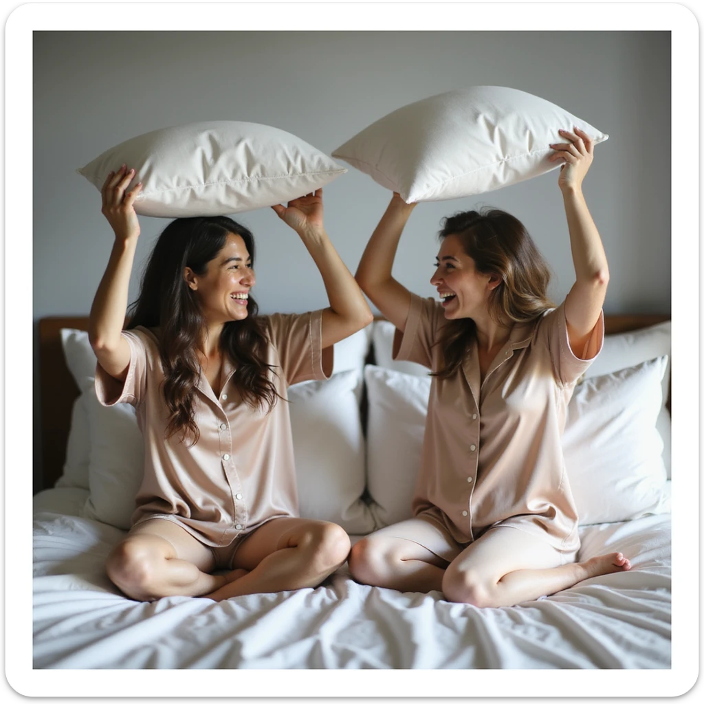 realistic depiction of a couple in silk pajamas tossing pillows at each other on a bed with smooth silk sheets, showing movement and joy sticker