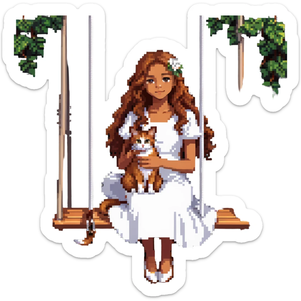 beautiful girl with curly long brown hair in a white dress holding an Abyssinian cat with reddish-brown fur, sitting on a swing sticker